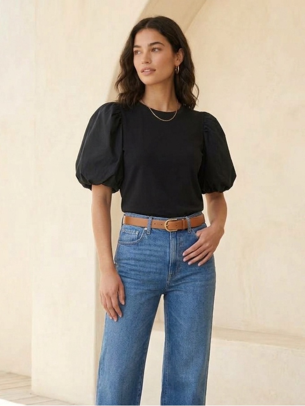 Love the Label Dawson Puff Sleeve Mixed Media Tee in Black S